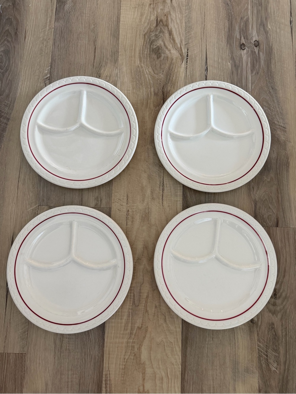 White Sectioned Dinner Plates with Red Band - Set of 4